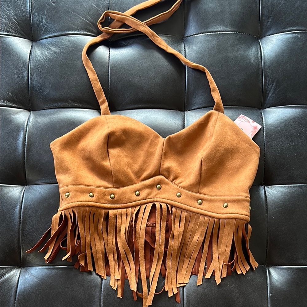 SHEIN Tan Halter Top with Fringe